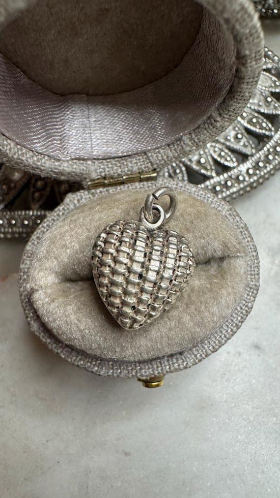 Vintage Silver Basket Weave Heart Pendant Charm