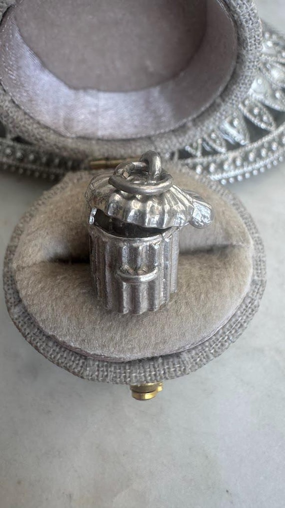 Vintage Silver Antique Movable Cat In Trash Can Charm