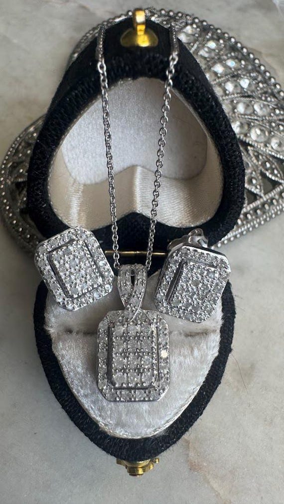 Silver Heart Diamond Pendant Necklace & Earrings Set