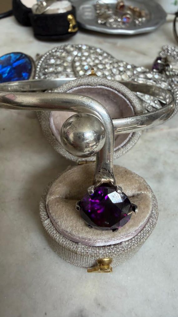 Vintage Silver Contemporary Purple Glass Stone Cuff Bracelet