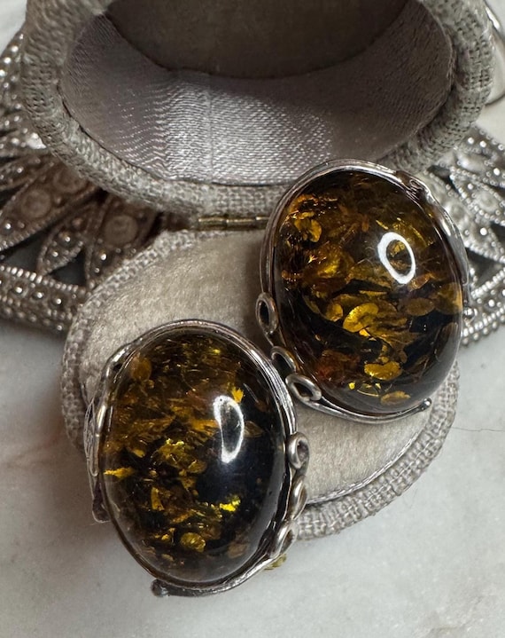 Vintage Silver Amber Scroll Earrings