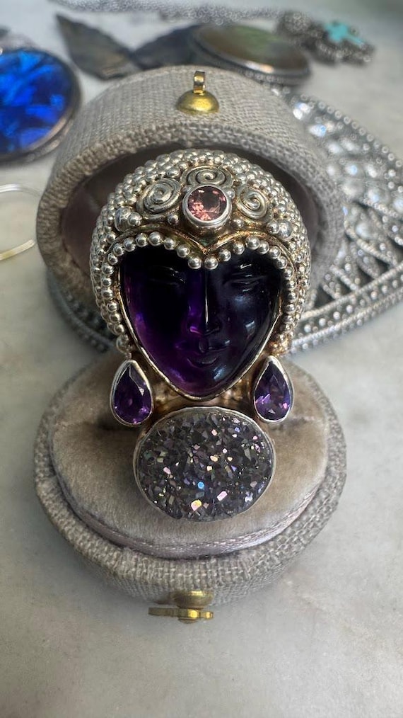 Rare Vintage Antique Silver Sajen Amethyst & Druzy Ring
