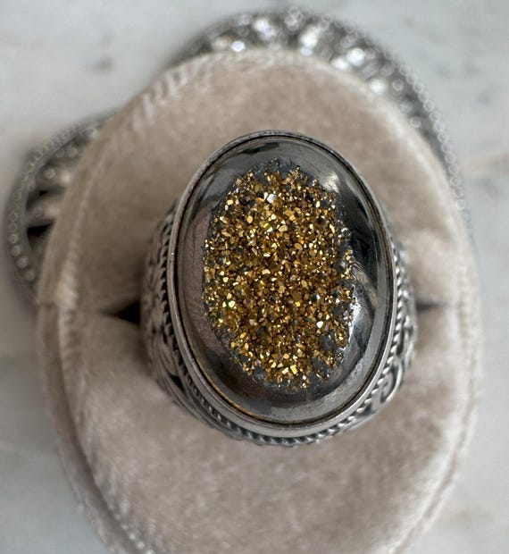 Vintage Silver Gold Quartz Filigree Ring