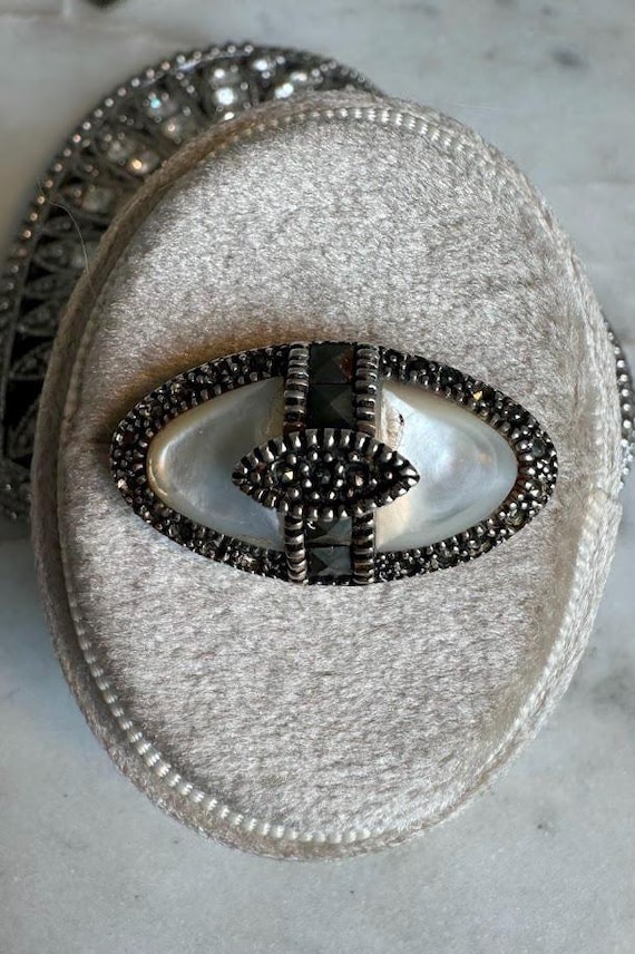 Vintage Silver Mother of Pearl Marcasite Brooch