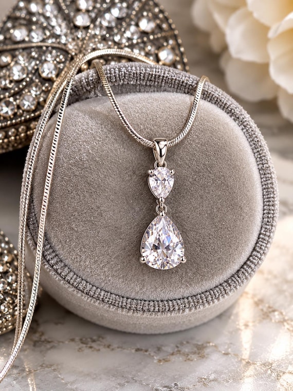 Silver Cubic Zirconia Pear Pendant Necklace