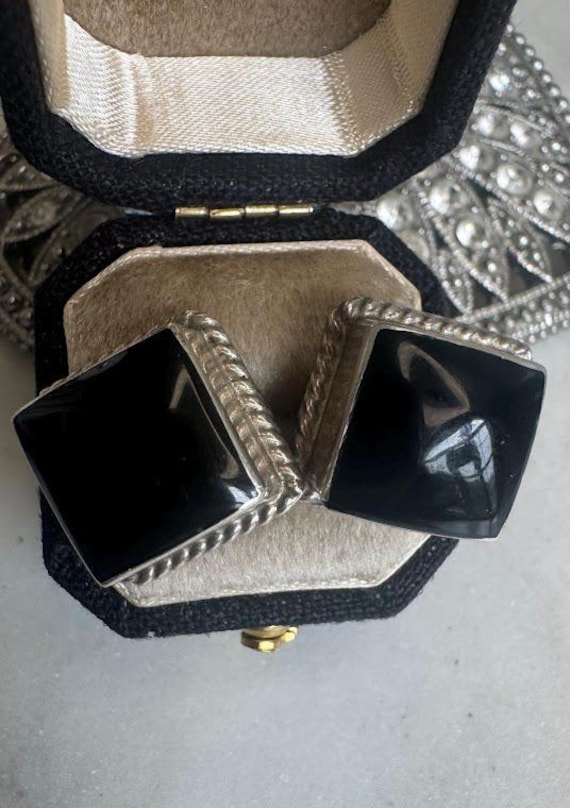 Vintage Silver Black Onyx Square Design Earring