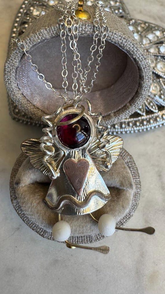 Vintage Silver Angel Garnet Brooch Pendant Necklace