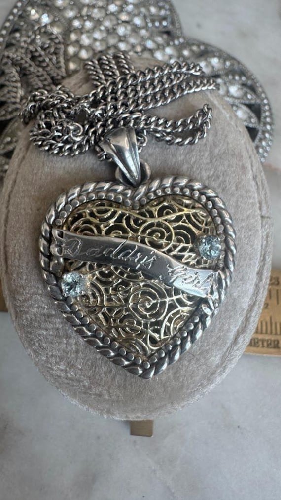 Vintage Silver Large Heart Blue Topaz Pendant Necklace