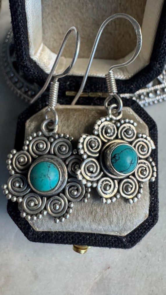 Vintage Silver Floral Design Turquoise Earrings