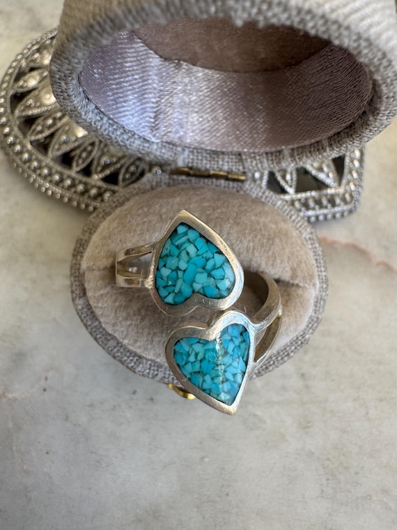 Vintage Silver Bypass Hearts Turquoise Ring