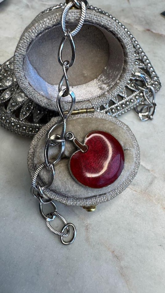 Vintage Silver Oval Link Apple Charm Bracelet