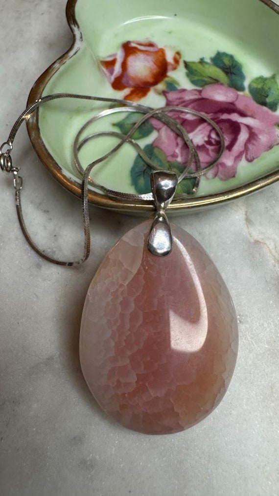 Vintage Silver Scallop Rose Quartz Pendant Necklace