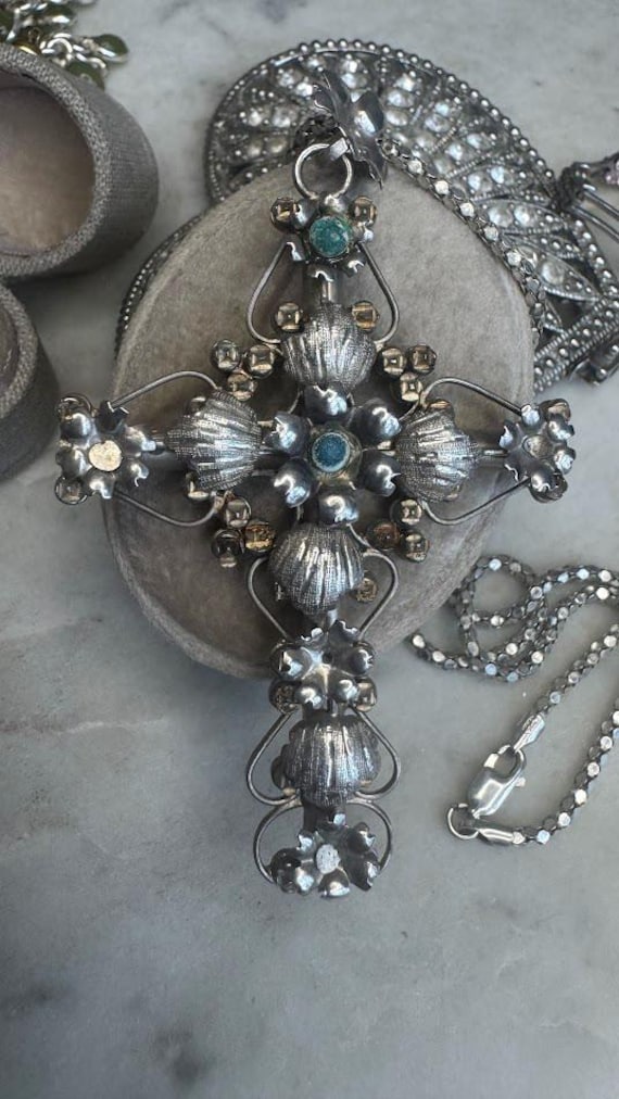 Vintage Silver Antique Cross Turquoise Pendant Chain