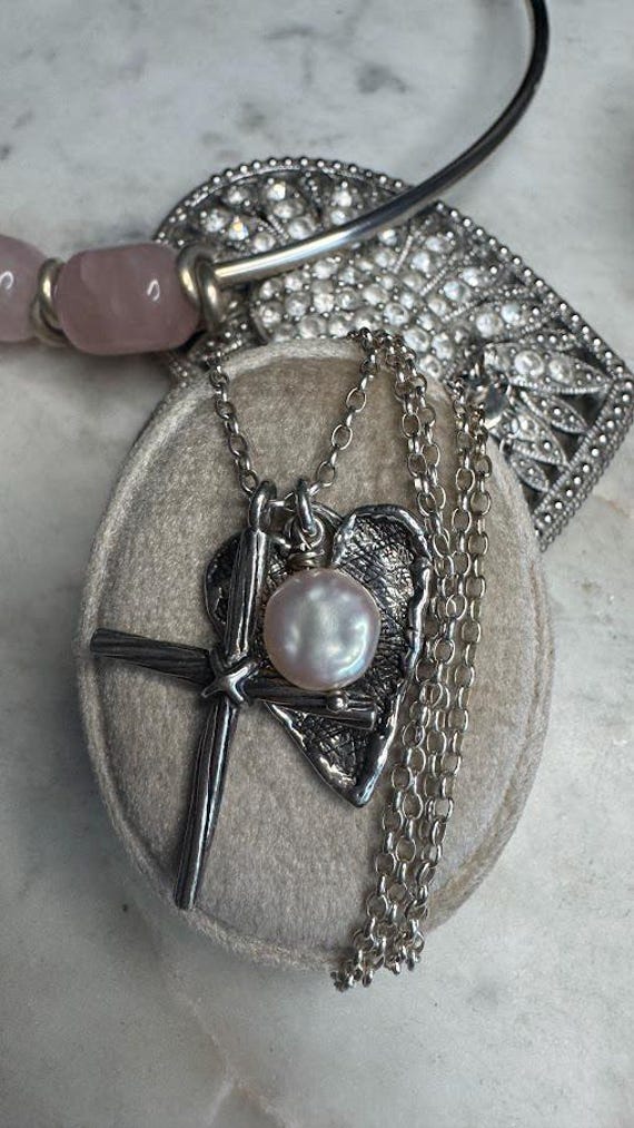 Vintage Silver Pearl Heart & Cross Pendant