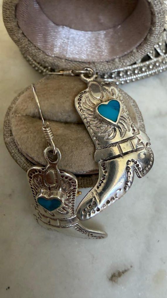 Vintage Silver Running Bear Turquoise Feather Earrings