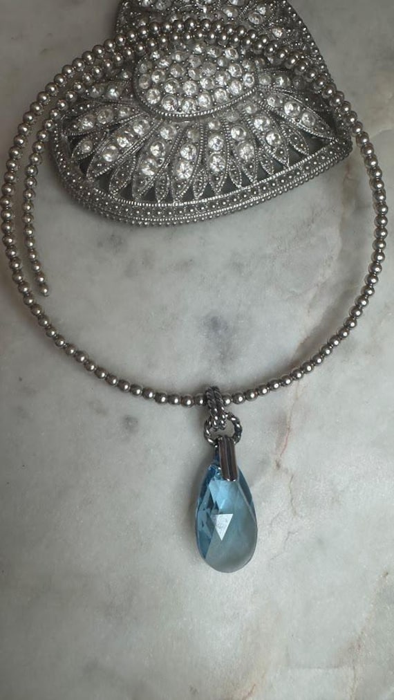 Vintage Silver CZ Chocker Blue Glass Pendant Necklace