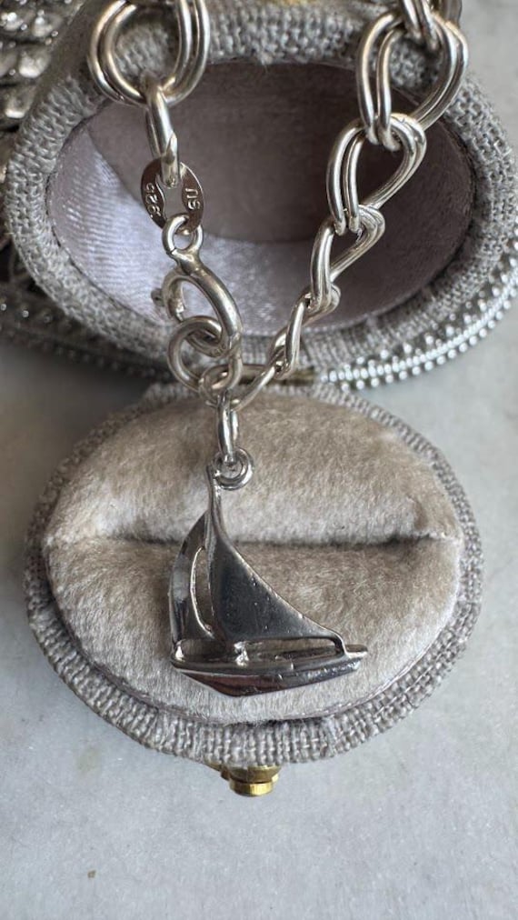Vintage Silver Double Link Sail Boat Charm Bracelet