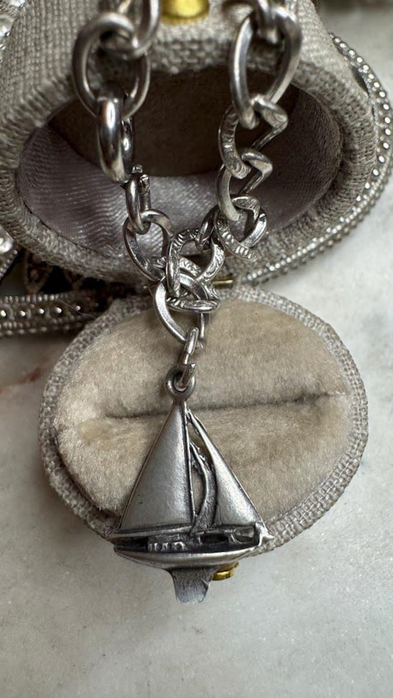 Vintage Silver Double Link Sail Boat Charm Bracelet