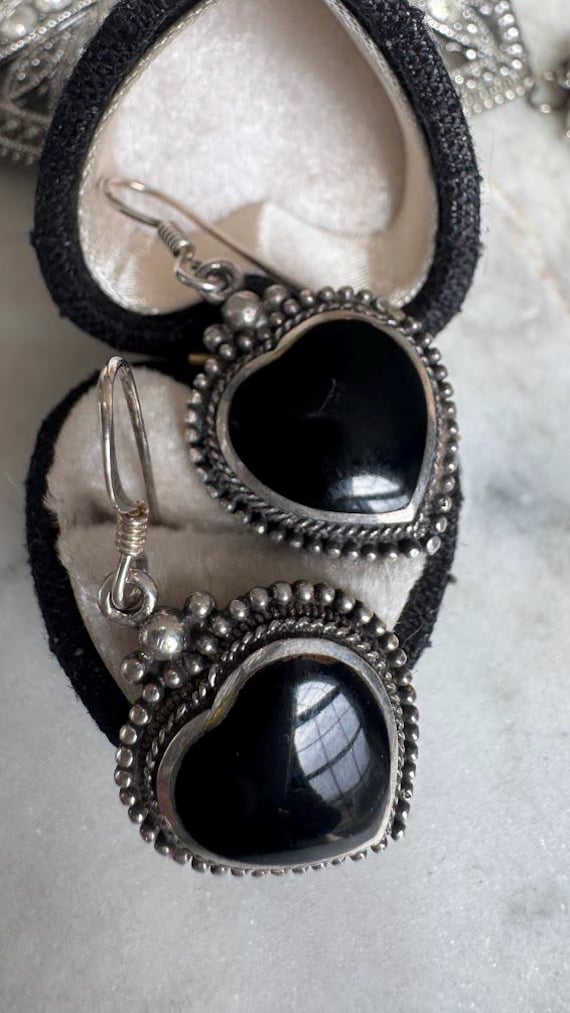 Vintage Silver Heart Onyx Earrings