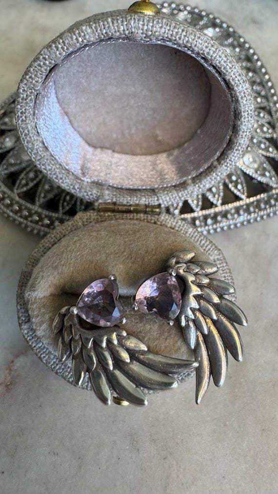 Vintage Silver Pink CZ Angel Wing Earrings