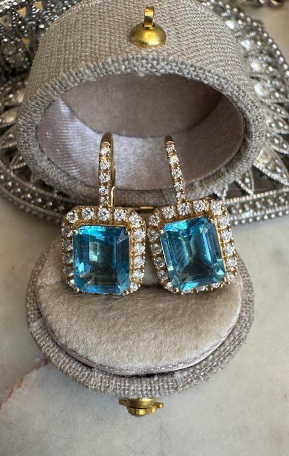 Gold Diamond & Blue Topaz Emerald Cut Earrings