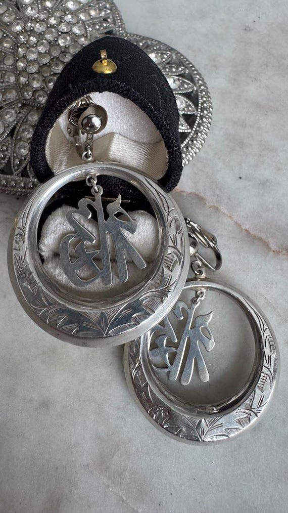 Vintage Silver Antique Asian Hoop Dangle Earrings