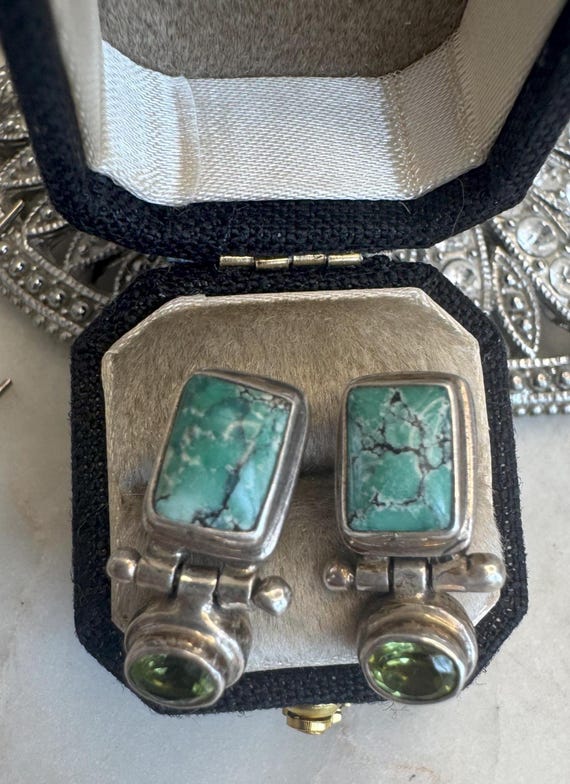 Vintage Silver Variscite & Peridot Earrings by Sara Jewelers