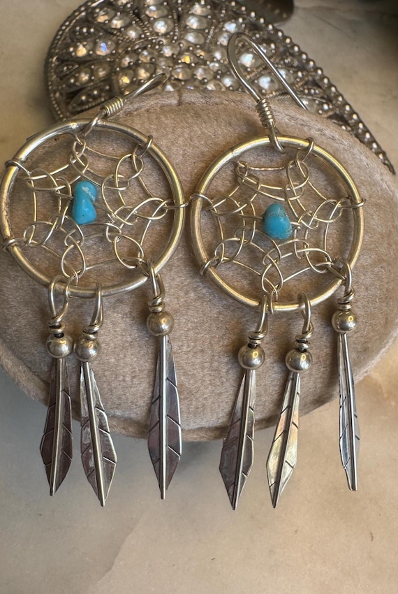 Vintage Silver Dreamcatcher Turquoise Earrings