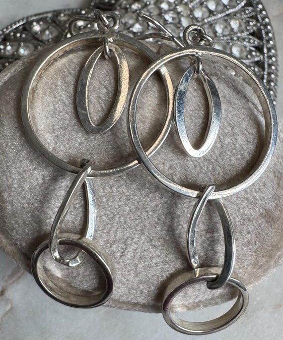 Vintage Silver Circle Hoop Dangle Earrings