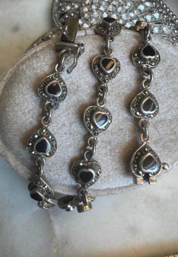 Vintage Silver Black Onyx Hearts Bracelet