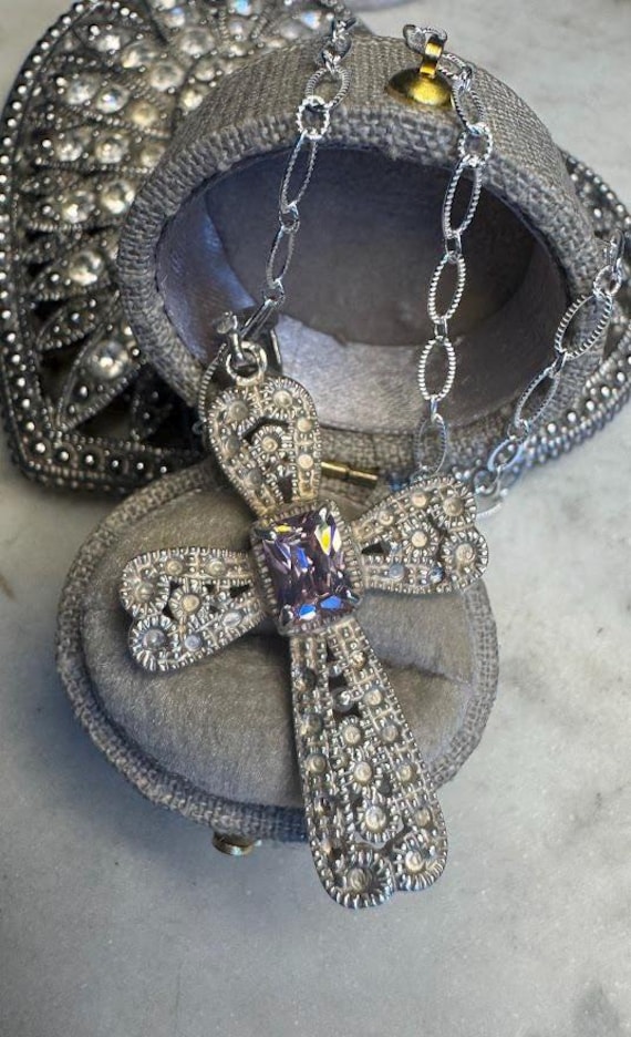 Vintage Silver Pink Cubic Zirconia Cross Pendant Necklace