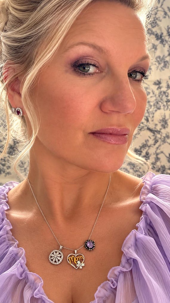 Vintage Silver Mother Opal, Purple CZ,  & Floral CZ Pendant Necklace