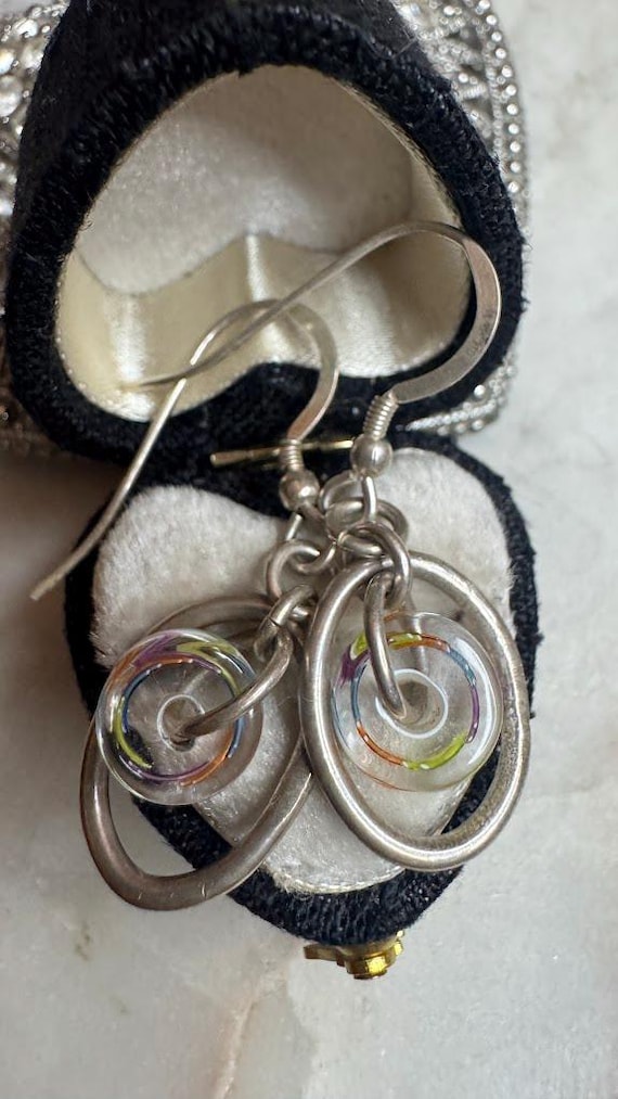Vintage Silver Glass Swirl Dangle Earrings