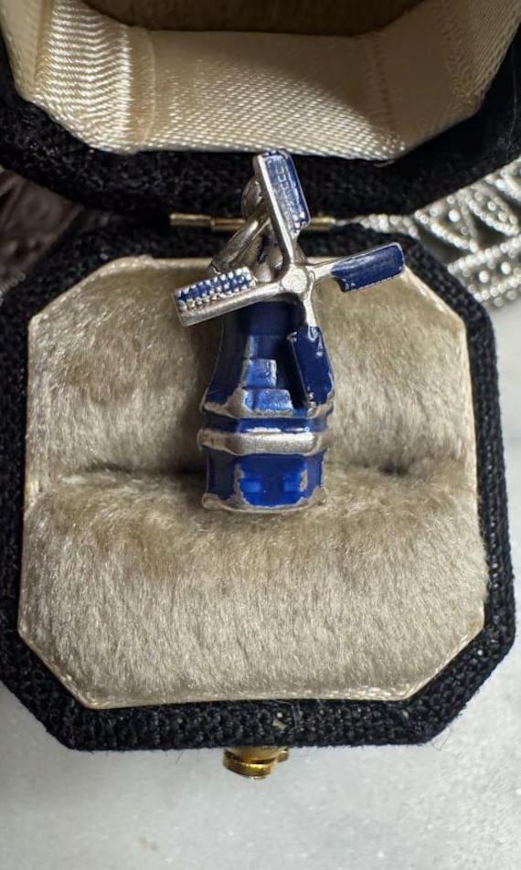 Vintage Silver Blue Enamel Holland Windmill Charm