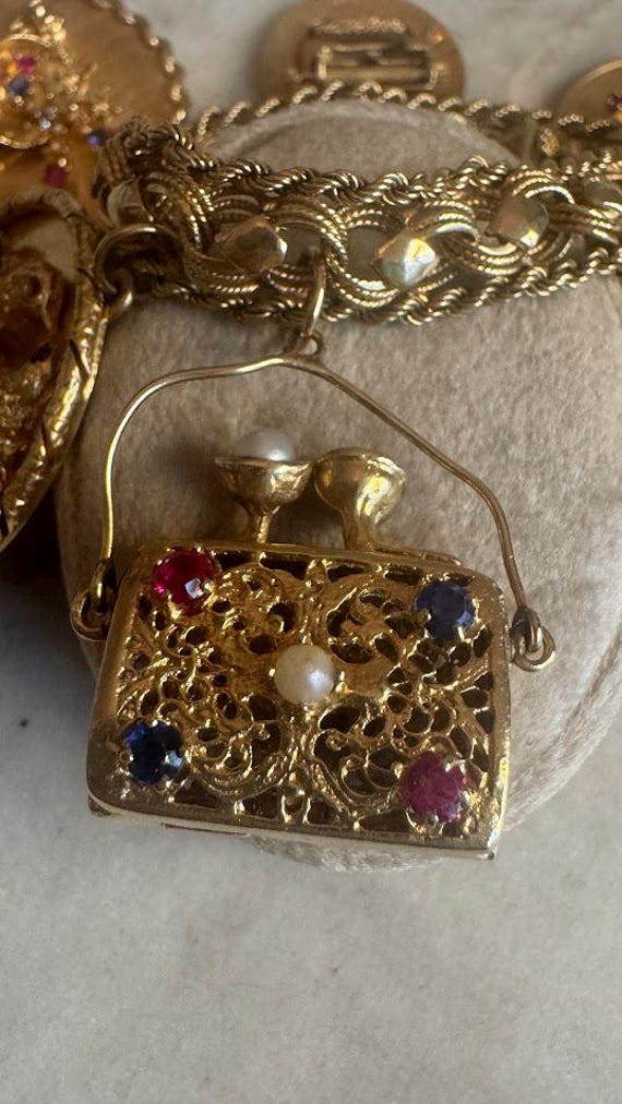 Vintage Antique Gold Ruby Pearl Sapphire Purse Charm Pendant