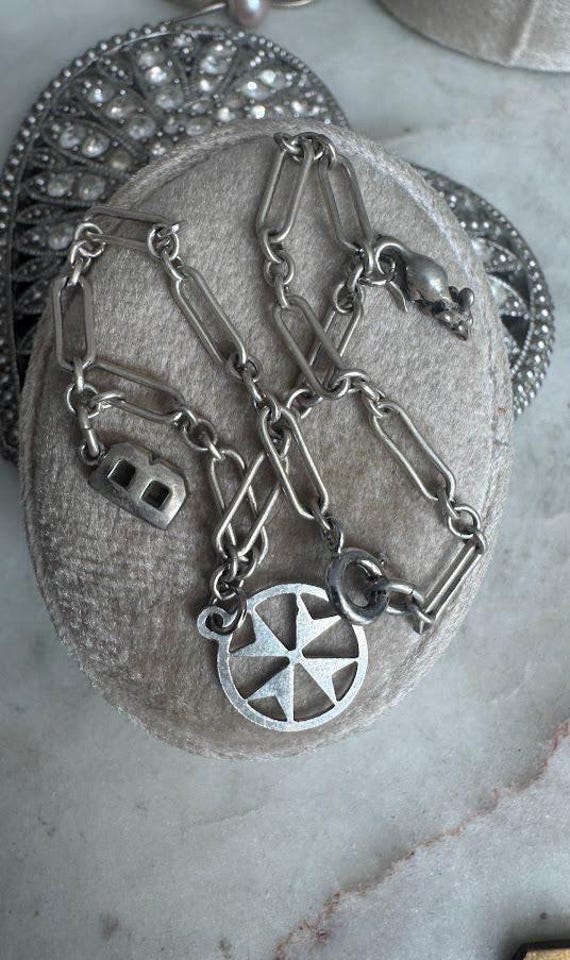 Vintage Silver Antique Paperclip Design Bracelet with charms