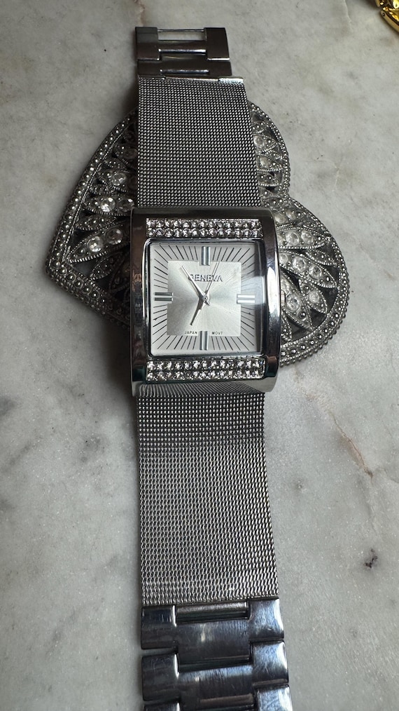Vintage Geneva Silver Mesh & Rhinestones Watch