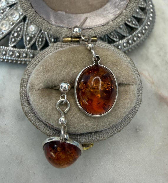 Vintage Silver Amber Dangle Earrings