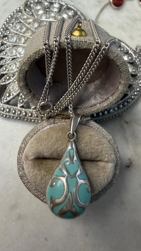 Vintage Silver Tiffany Blue Enamel Pendant Necklace