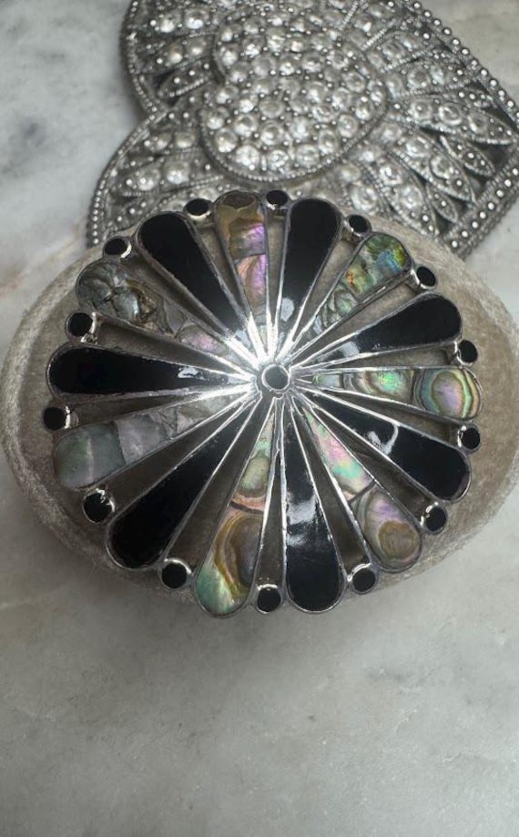 Vintage Silver Black Onyx & Abalone Brooch Pendant