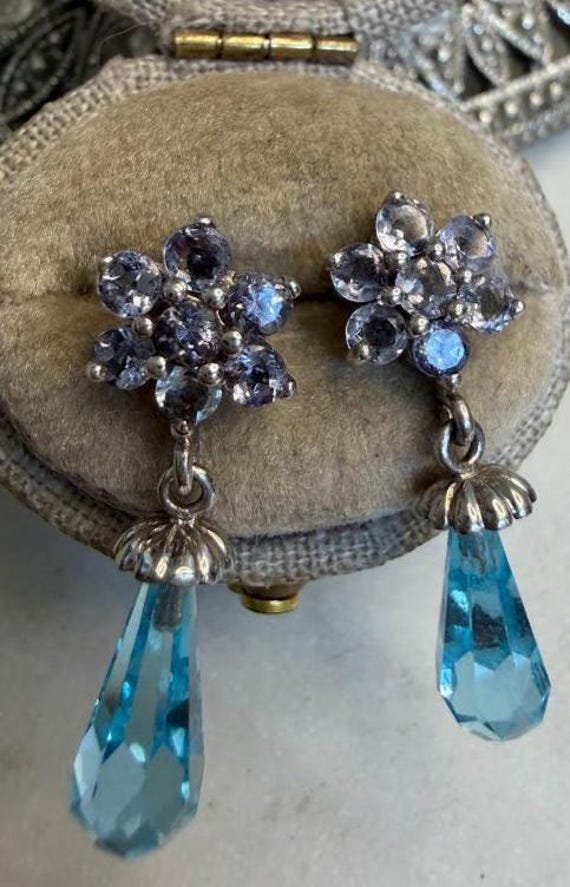 Vintage Silver Lilac & Blue Crystal Drop Dangle Earrings