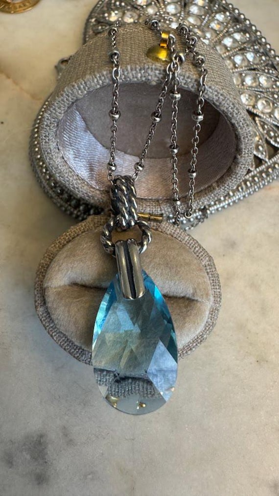Vintage Silver Blue Crystal Pendant Necklace