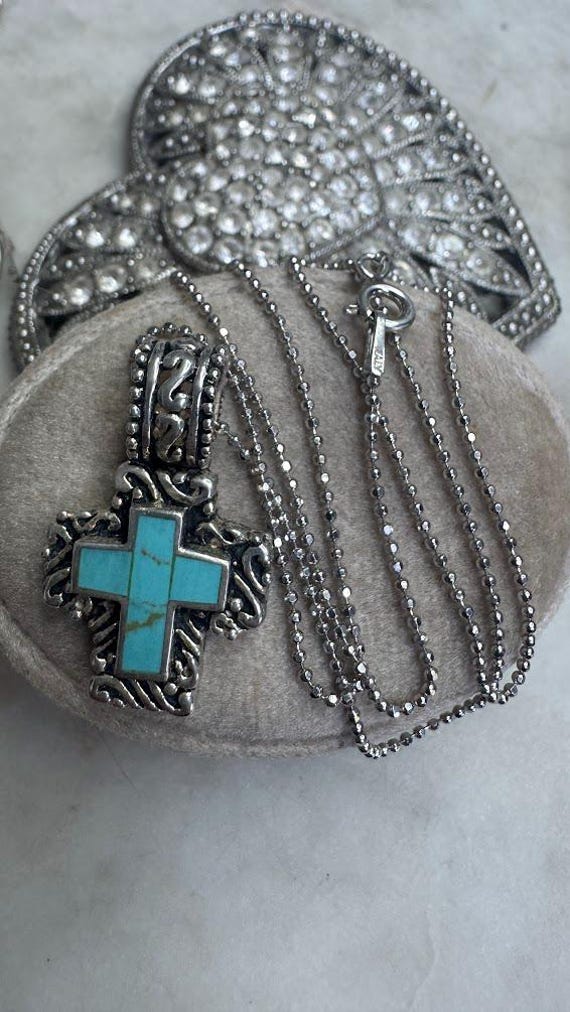 Vintage Silver Southwestern Style Cross Turquoise Pendant Chain
