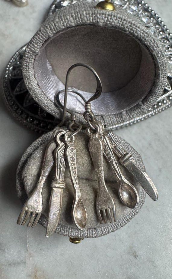 Vintage Silver Spoon Fork Knife Dangle Earrings