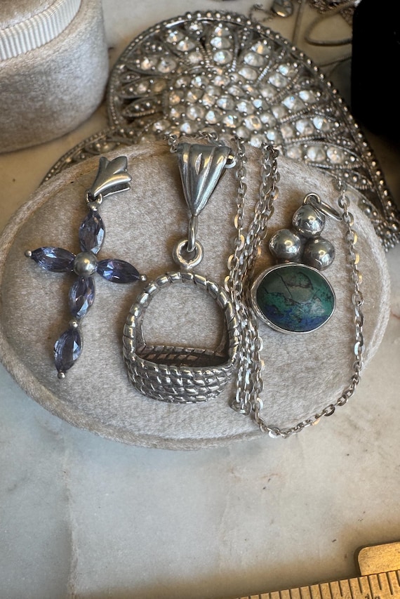 Vintage Silver Trio of Pendants with one Chain