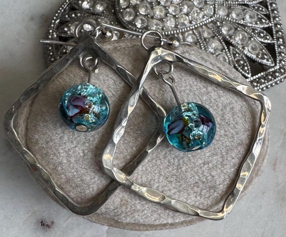 Vintage Silver Glass Bead Square Earrings