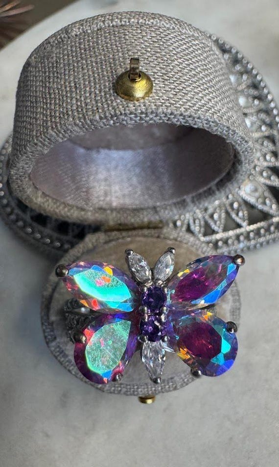 Vintage Silver Butterfly Kirks Folly Crystal Ring