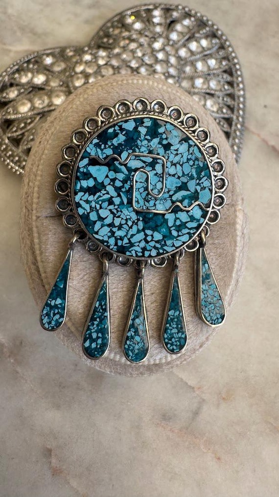 Vintage Mexican Silver Turquoise Fringe Brooch Pendant