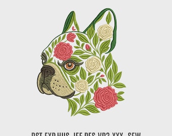 Floral French Bulldog Embroidery Design: Machine Embroidery (Digital Download, 7 Sizes, 8 Formats)