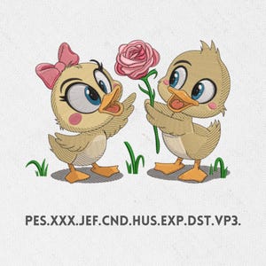 May include: Two cartoon ducks, one with a pink bow, are holding a pink rose. The ducks are smiling and looking at each other. The background is white.
